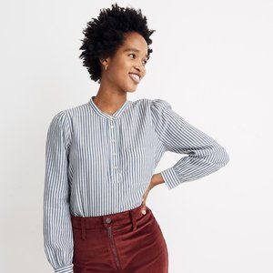 Puff-Sleeve Popover Shirt in Railroad Stripe